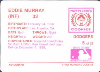 1991 Mother's Cookies Los Angeles Dodgers #5 Eddie Murray Back