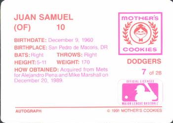 1991 Mother's Cookies Los Angeles Dodgers #7 Juan Samuel Back