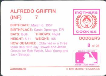 1991 Mother's Cookies Los Angeles Dodgers #8 Alfredo Griffin Back