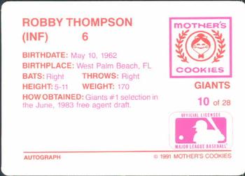 1991 Mother's Cookies San Francisco Giants #10 Robby Thompson Back