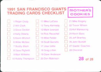 1991 Mother's Cookies San Francisco Giants #28 Trainers & Checklist (Mark Letendre / Greg Lynn) Back