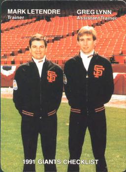 1991 Mother's Cookies San Francisco Giants #28 Trainers & Checklist (Mark Letendre / Greg Lynn) Front