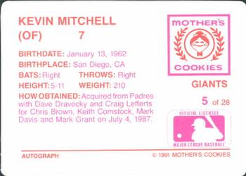 1991 Mother's Cookies San Francisco Giants #5 Kevin Mitchell Back