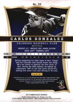 2013 Panini Select #39 Carlos Gonzalez Back