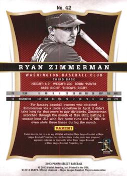 2013 Panini Select #42 Ryan Zimmerman Back