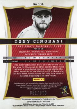 2013 Panini Select #184 Tony Cingrani Back