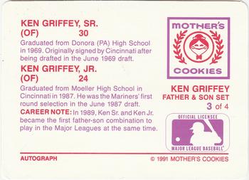 1991 Mother's Cookies Ken Griffey Father & Son #3 Ken Griffey Jr. / Ken Griffey Sr. Back