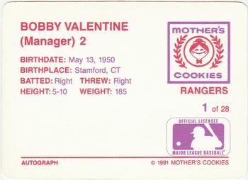 1991 Mother's Cookies Texas Rangers #1 Bobby Valentine Back