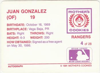 1991 Mother's Cookies Texas Rangers #4 Juan Gonzalez Back