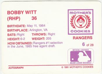 1991 Mother's Cookies Texas Rangers #6 Bobby Witt Back