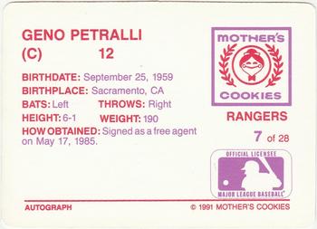 1991 Mother's Cookies Texas Rangers #7 Geno Petralli Back