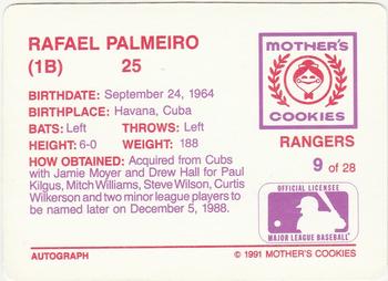 1991 Mother's Cookies Texas Rangers #9 Rafael Palmeiro Back