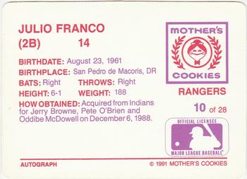 1991 Mother's Cookies Texas Rangers #10 Julio Franco Back