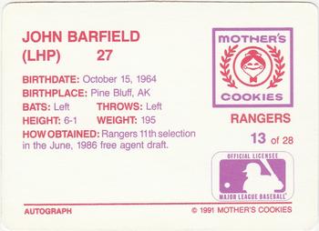 1991 Mother's Cookies Texas Rangers #13 John Barfield Back