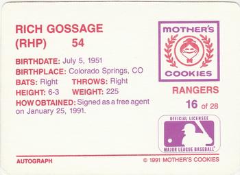 1991 Mother's Cookies Texas Rangers #16 Rich Gossage Back