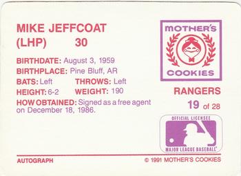 1991 Mother's Cookies Texas Rangers #19 Mike Jeffcoat Back