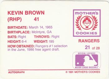 1991 Mother's Cookies Texas Rangers #21 Kevin Brown Back