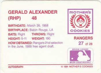 1991 Mother's Cookies Texas Rangers #27 Gerald Alexander Back