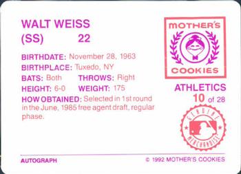 1992 Mother's Cookies Oakland Athletics #10 Walt Weiss Back