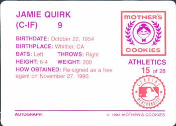 1992 Mother's Cookies Oakland Athletics #15 Jamie Quirk Back
