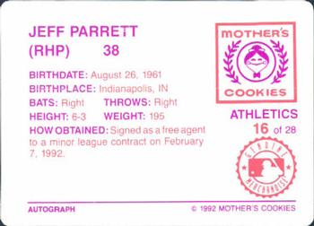 1992 Mother's Cookies Oakland Athletics #16 Jeff Parrett Back