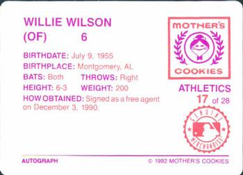 1992 Mother's Cookies Oakland Athletics #17 Willie Wilson Back