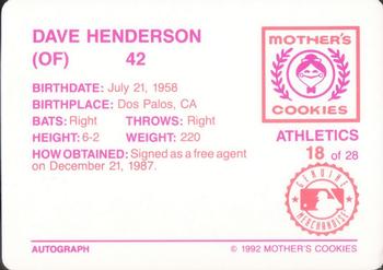 1992 Mother's Cookies Oakland Athletics #18 Dave Henderson Back