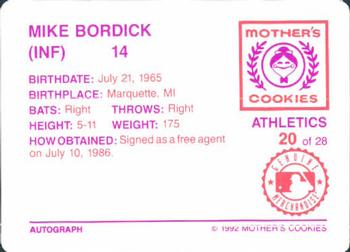 1992 Mother's Cookies Oakland Athletics #20 Mike Bordick Back