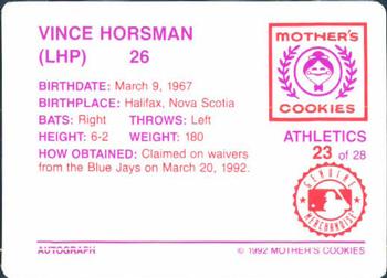 1992 Mother's Cookies Oakland Athletics #23 Vince Horsman Back