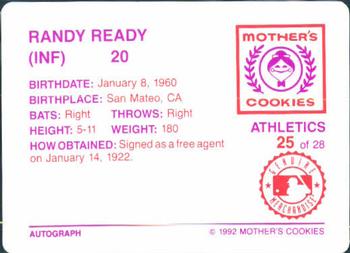 1992 Mother's Cookies Oakland Athletics #25 Randy Ready Back