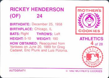 1992 Mother's Cookies Oakland Athletics #4 Rickey Henderson Back
