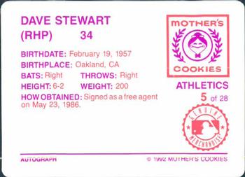 1992 Mother's Cookies Oakland Athletics #5 Dave Stewart Back