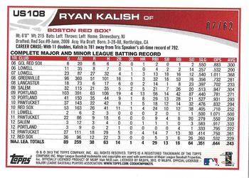 2013 Topps Update - Black #US108 Ryan Kalish Back