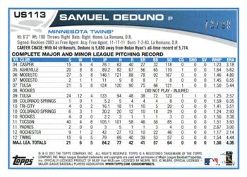 2013 Topps Update - Camo #US113 Samuel Deduno Back