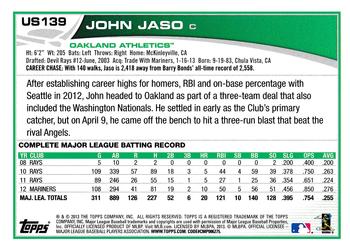 2013 Topps Update - Emerald #US139 John Jaso Back