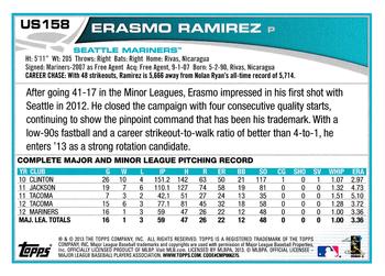2013 Topps Update - Emerald #US158 Erasmo Ramirez Back