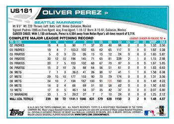 2013 Topps Update - Emerald #US181 Oliver Perez Back
