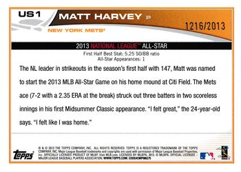 2013 Topps Update - Gold #US1 Matt Harvey Back