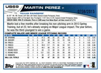 2013 Topps Update - Gold #US69 Martin Perez Back