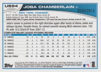 2013 Topps Update - Gold #US94 Joba Chamberlain Back
