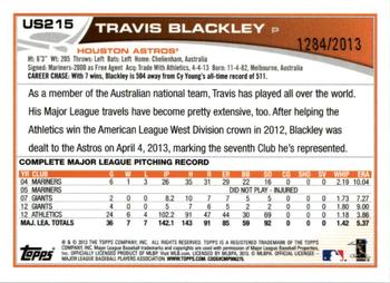2013 Topps Update - Gold #US215 Travis Blackley Back