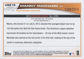 2013 Topps Update - Gold #US216 Manny Machado Back