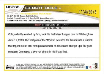 2013 Topps Update - Gold #US265 Gerrit Cole Back
