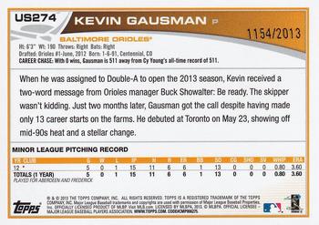 2013 Topps Update - Gold #US274 Kevin Gausman Back