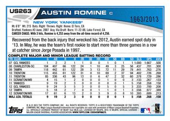 2013 Topps Update - Gold #US263 Austin Romine Back
