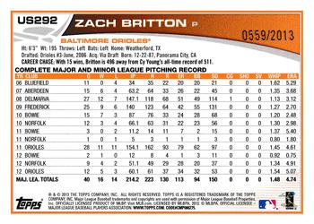 2013 Topps Update - Gold #US292 Zach Britton Back