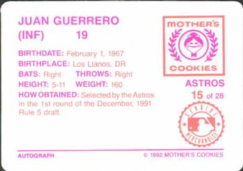 1992 Mother's Cookies Houston Astros #15 Juan Guerrero Back