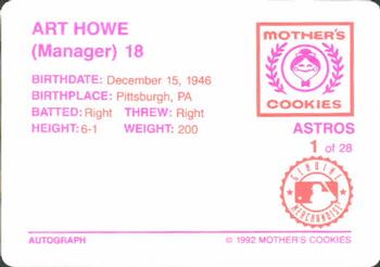1992 Mother's Cookies Houston Astros #1 Art Howe Back