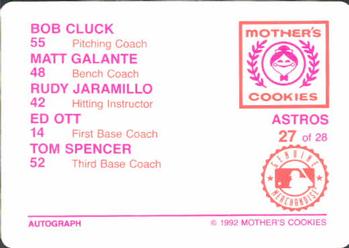 1992 Mother's Cookies Houston Astros #27 Coaches (Rudy Jaramillo / Ed Ott / Matt Galante / Bob Cluck / Tom Spencer) Back