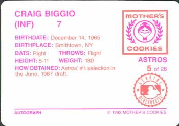 1992 Mother's Cookies Houston Astros #5 Craig Biggio Back